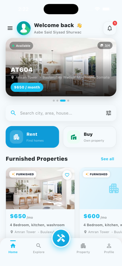 Lansan app home screen with featured property and rent or buy options