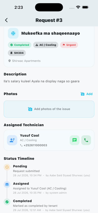 Lansan app maintenance request detail with technician and status timeline