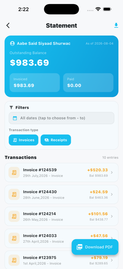 Lansan app account statement with outstanding balance and transactions